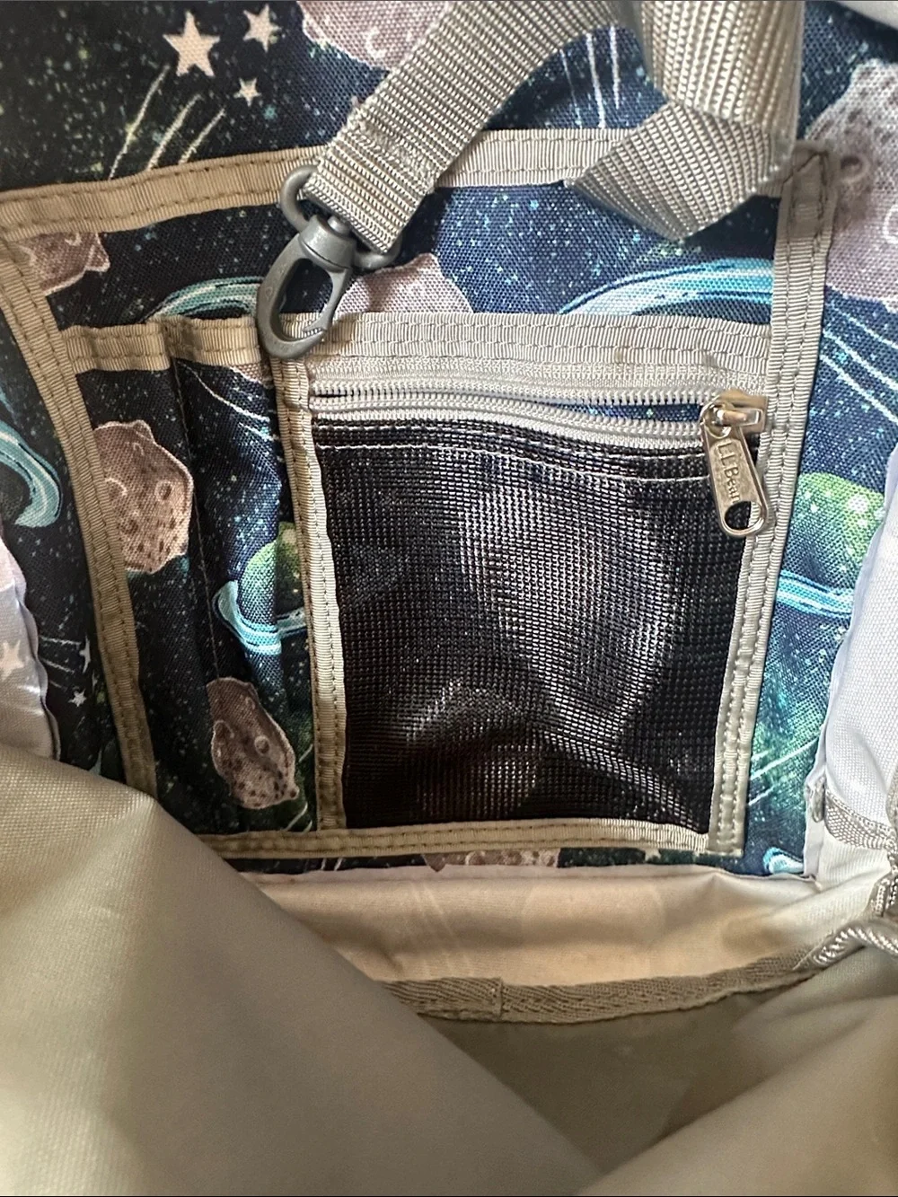 L.L. Bean Navy Backpack with Green and Gray Space Print